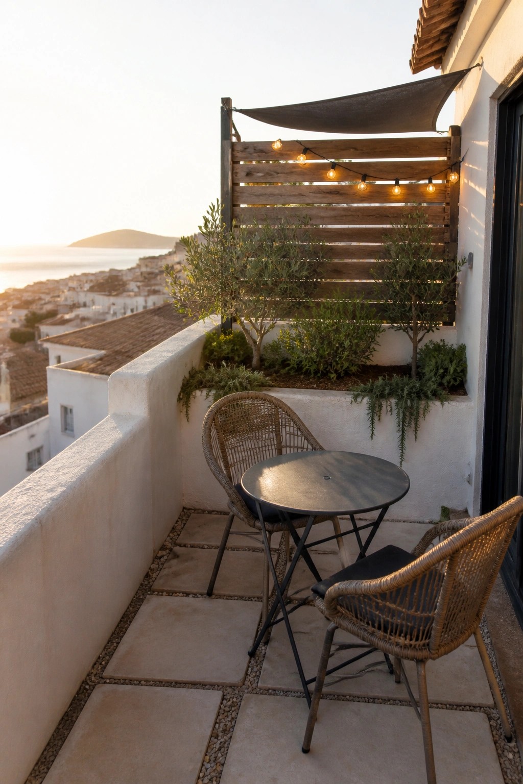 A small balcony with two woven chairs and a round table, a wooden slat screen with string lights behind it, potted plants, and a distant view of buildings and water at sunset.