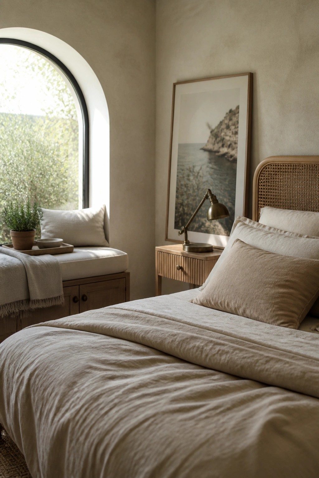 A bedroom interior with an arched window above a built-in cushioned seat, a bed with neutral linens, and a wooden nightstand holding a small lamp.
