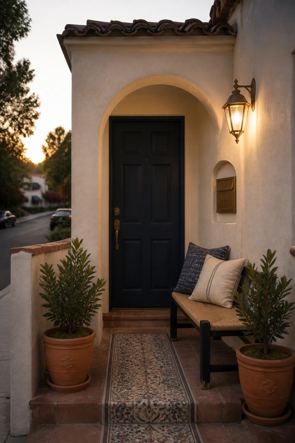 A black six-panel door recessed inside a stucco archway on a house exterior, with a lit wall lantern, small bench, and two terracotta pots on either side.