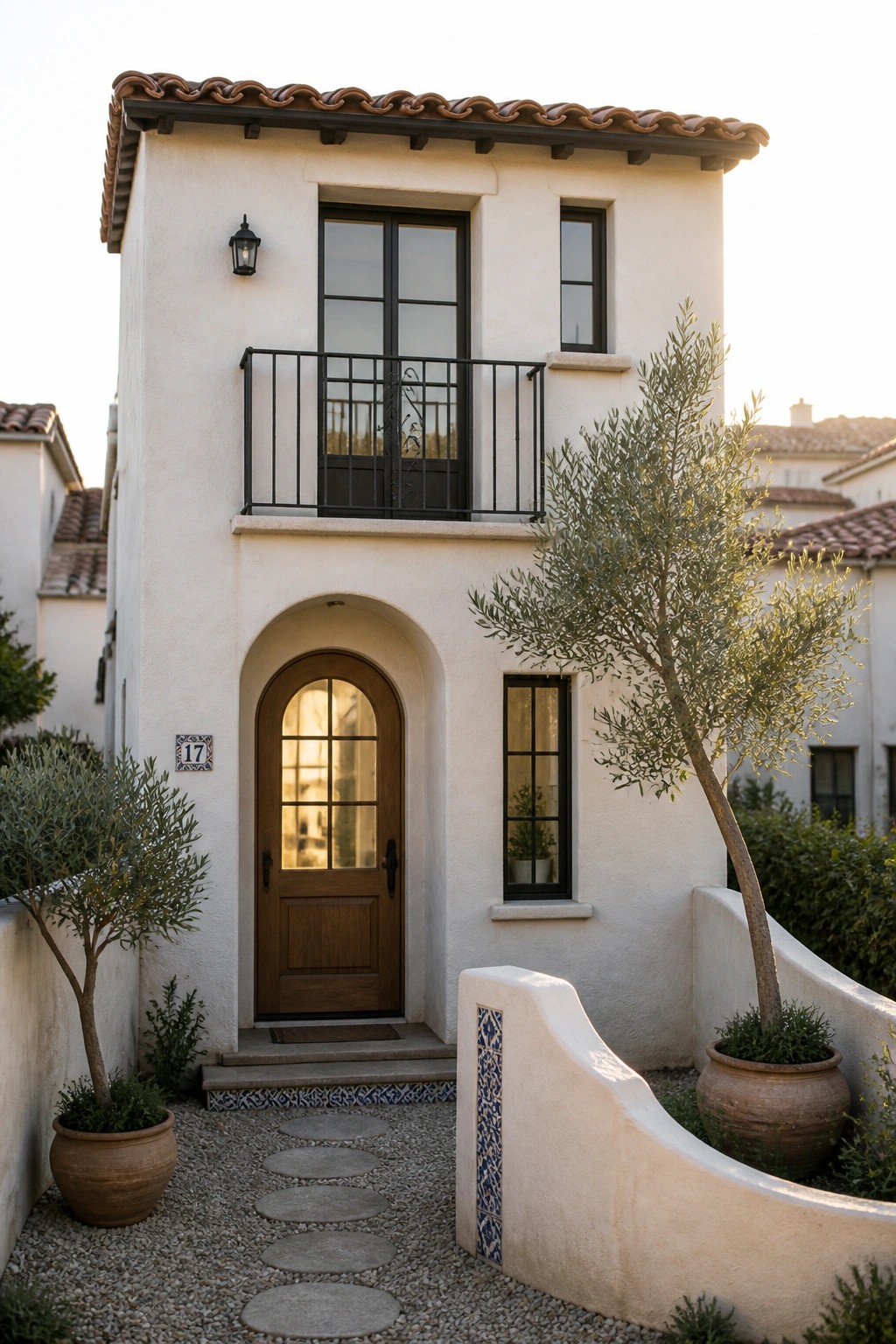 A small two-story Mediterranean home with white stucco walls, a prominent arched wooden front door, and a black metal balcony directly above it.