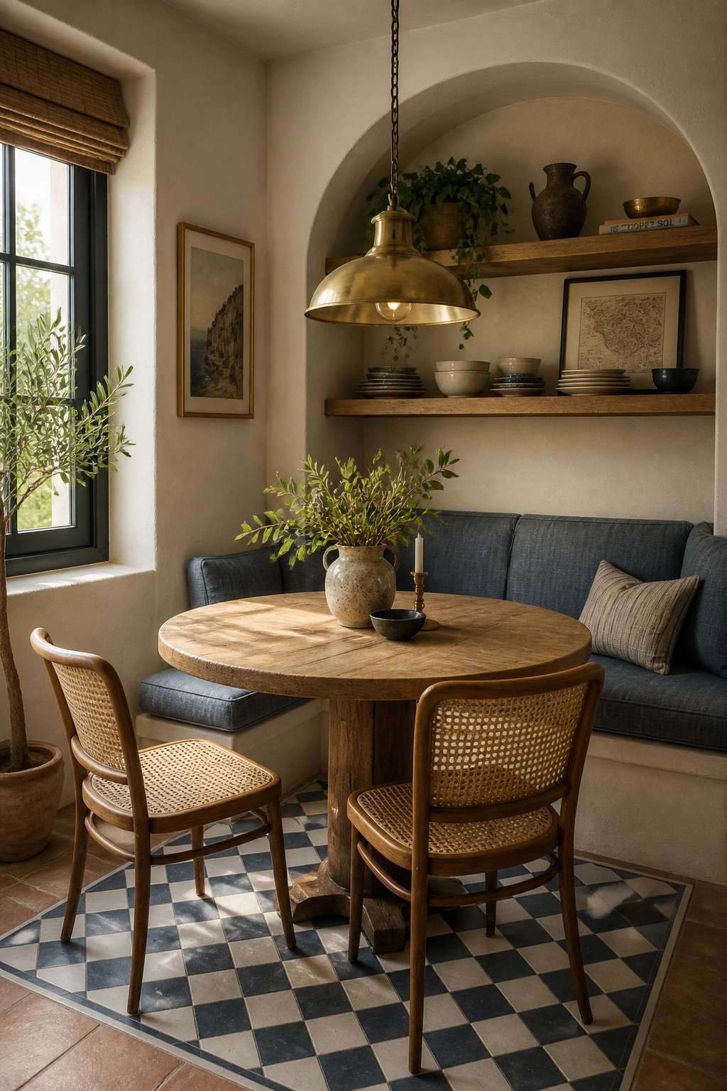 A compact dining nook with a round wooden table, two wooden chairs with woven seats, a blue built-in bench, and wooden shelves above holding dishes and plants.