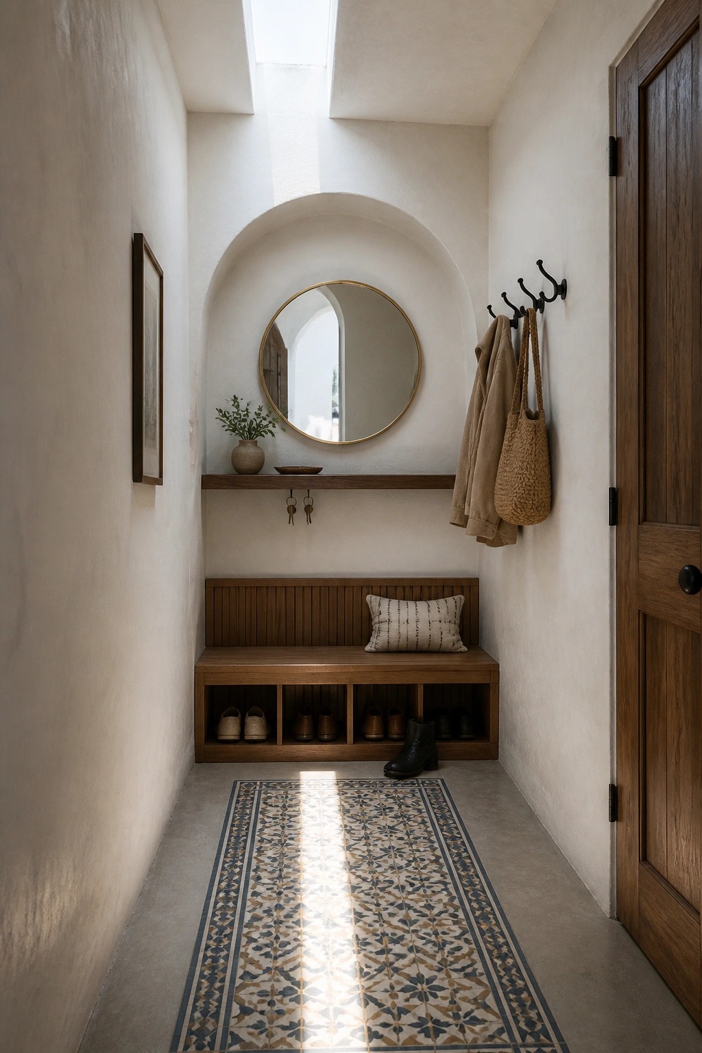 A narrow entry hallway with a wooden built-in bench featuring shoe cubbies, a round mirror in an arched niche above a floating shelf, coat hooks on the right wall, and a patterned runner rug on the concrete floor.