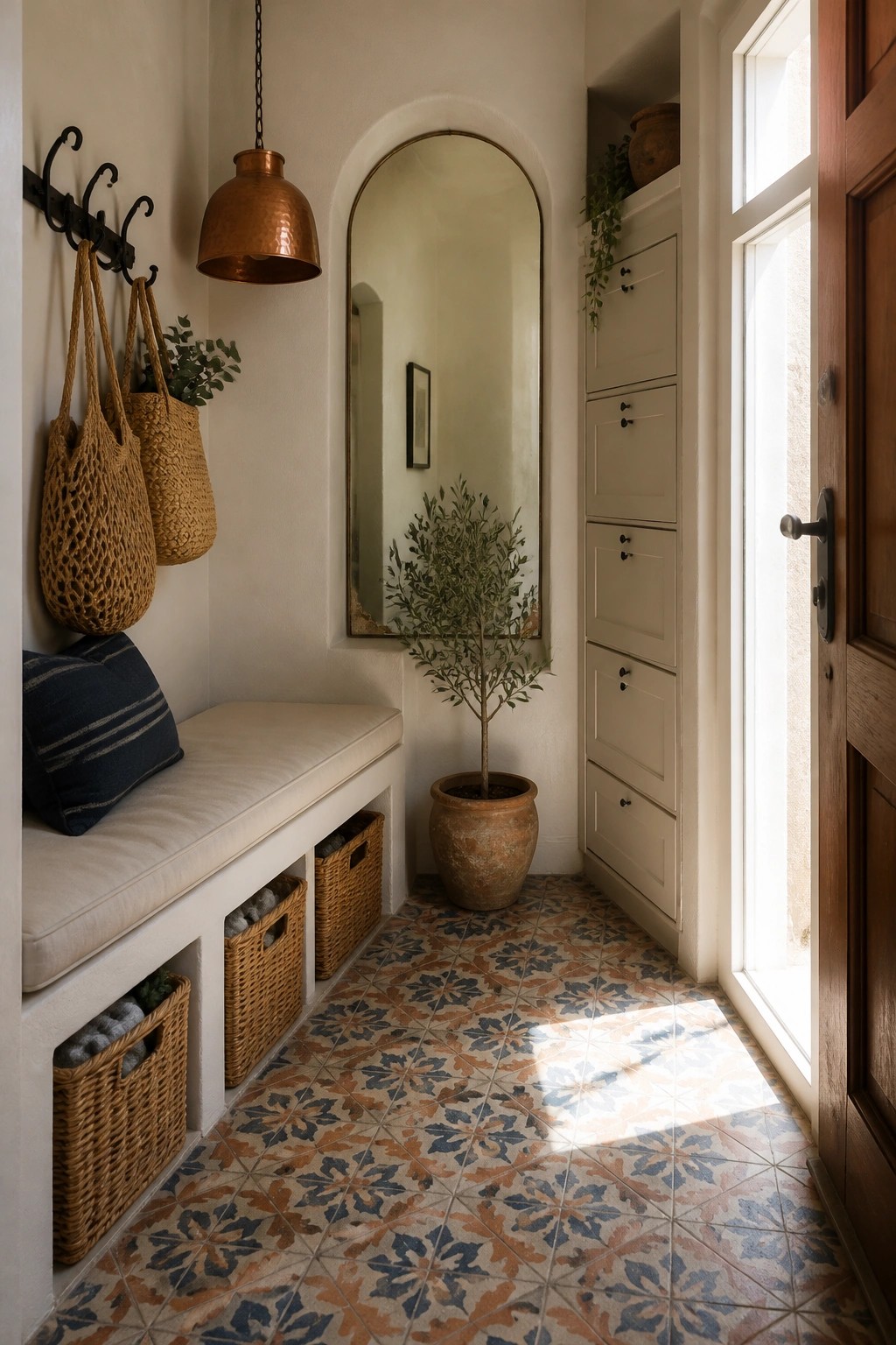A narrow interior entryway featuring a built-in bench with storage baskets below, woven bags on wall hooks, an arched mirror, a potted tree, and patterned tile flooring.