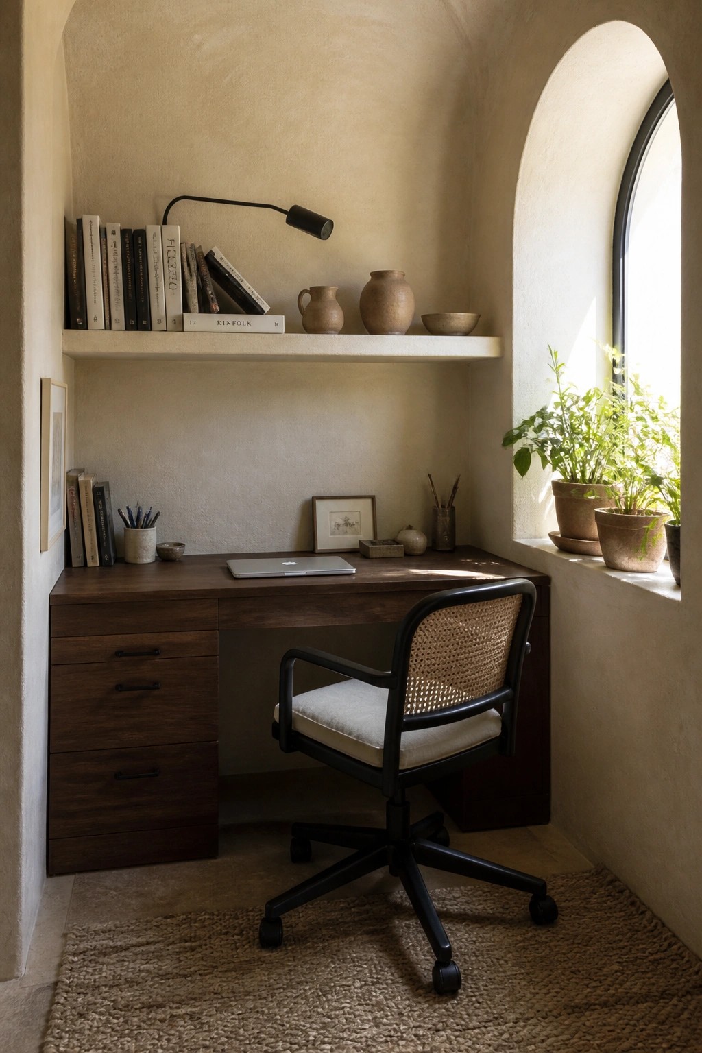 A small wooden desk with a laptop sits in an alcove beneath a shelf, next to an arched window with a black office chair on a woven rug.