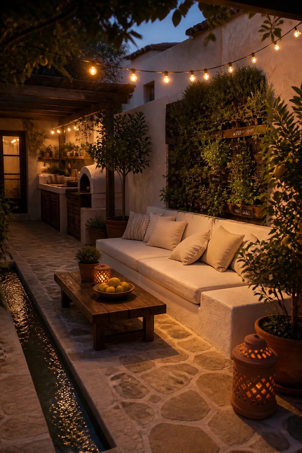 A narrow stone courtyard at dusk featuring a long built-in white sofa with cushions, a wooden coffee table holding lemons, string lights overhead, a living wall, and a narrow water channel along the path.