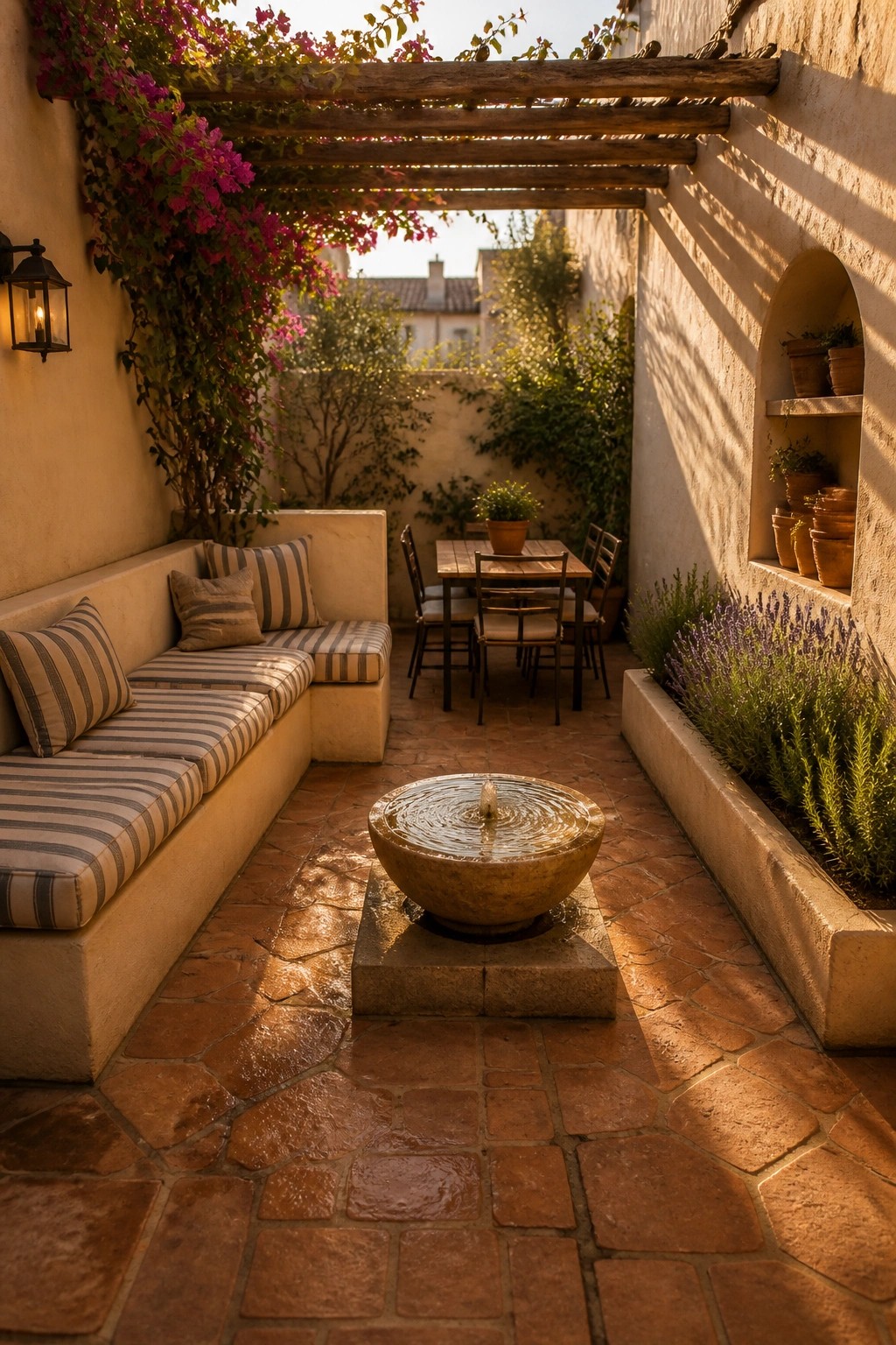 A narrow Mediterranean courtyard with built-in bench seating, a central stone fountain, a wooden dining table, and a pergola overhead.