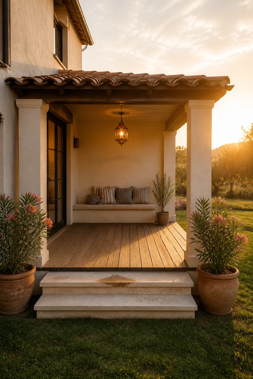 A covered porch with wooden decking, a built-in bench with pillows, two large terracotta pots with flowering plants, and stone steps leading down to grass.