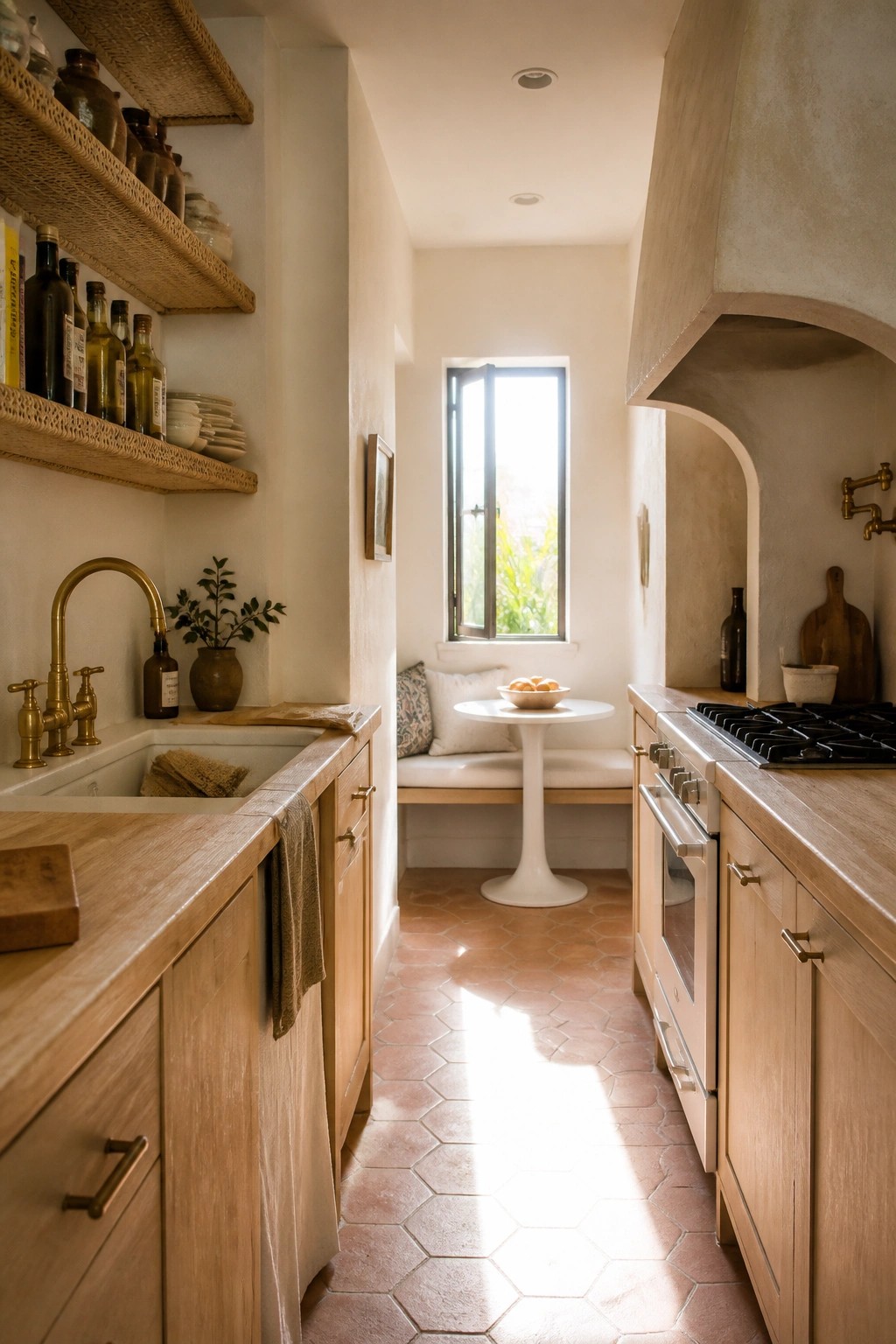 A narrow kitchen interior with light wood cabinets, brass fixtures, open woven shelves, a farmhouse sink, and a small round table beside a built-in bench under a window.
