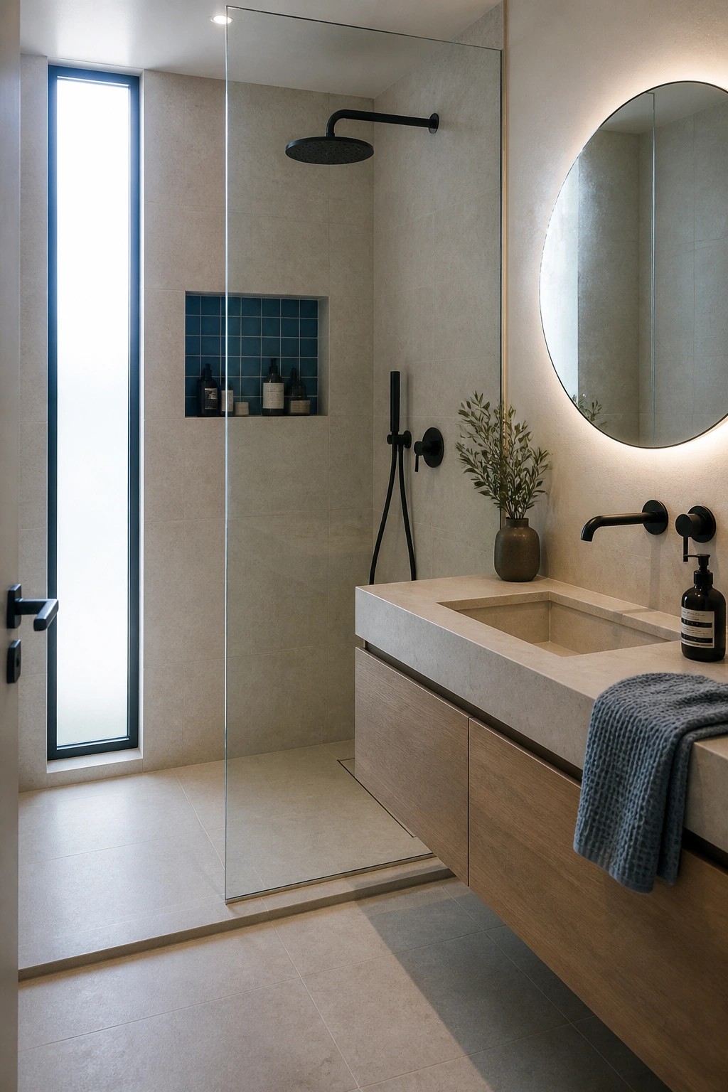 Modern bathroom with beige tiled walls, a frameless glass shower enclosure with black fixtures and a recessed blue tile niche, a floating wood vanity with integrated sink, and a round backlit mirror.