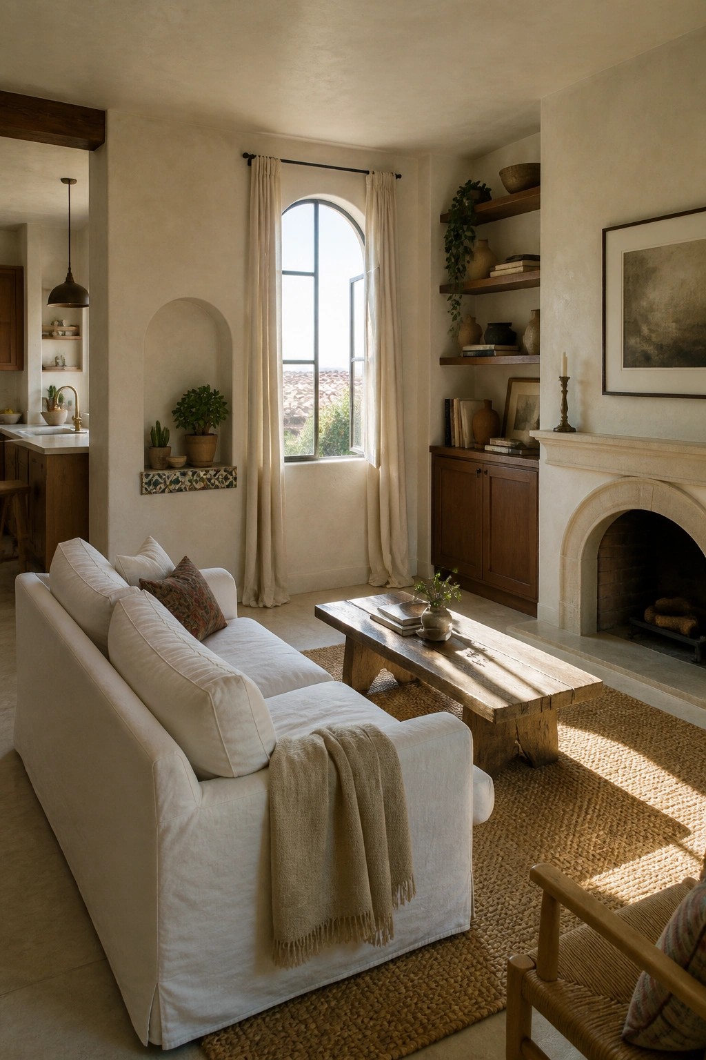 A bright living room with a white slipcovered sofa, wooden coffee table on a jute rug, arched window with curtains, built-in shelves, and a stone fireplace.