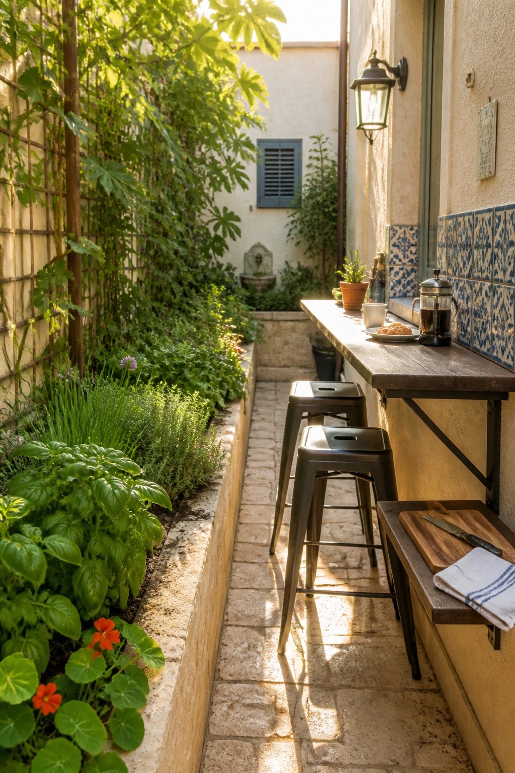 A narrow outdoor walkway with a wooden counter mounted on a stucco wall, two metal stools underneath, and plants lining the stone path beside it.