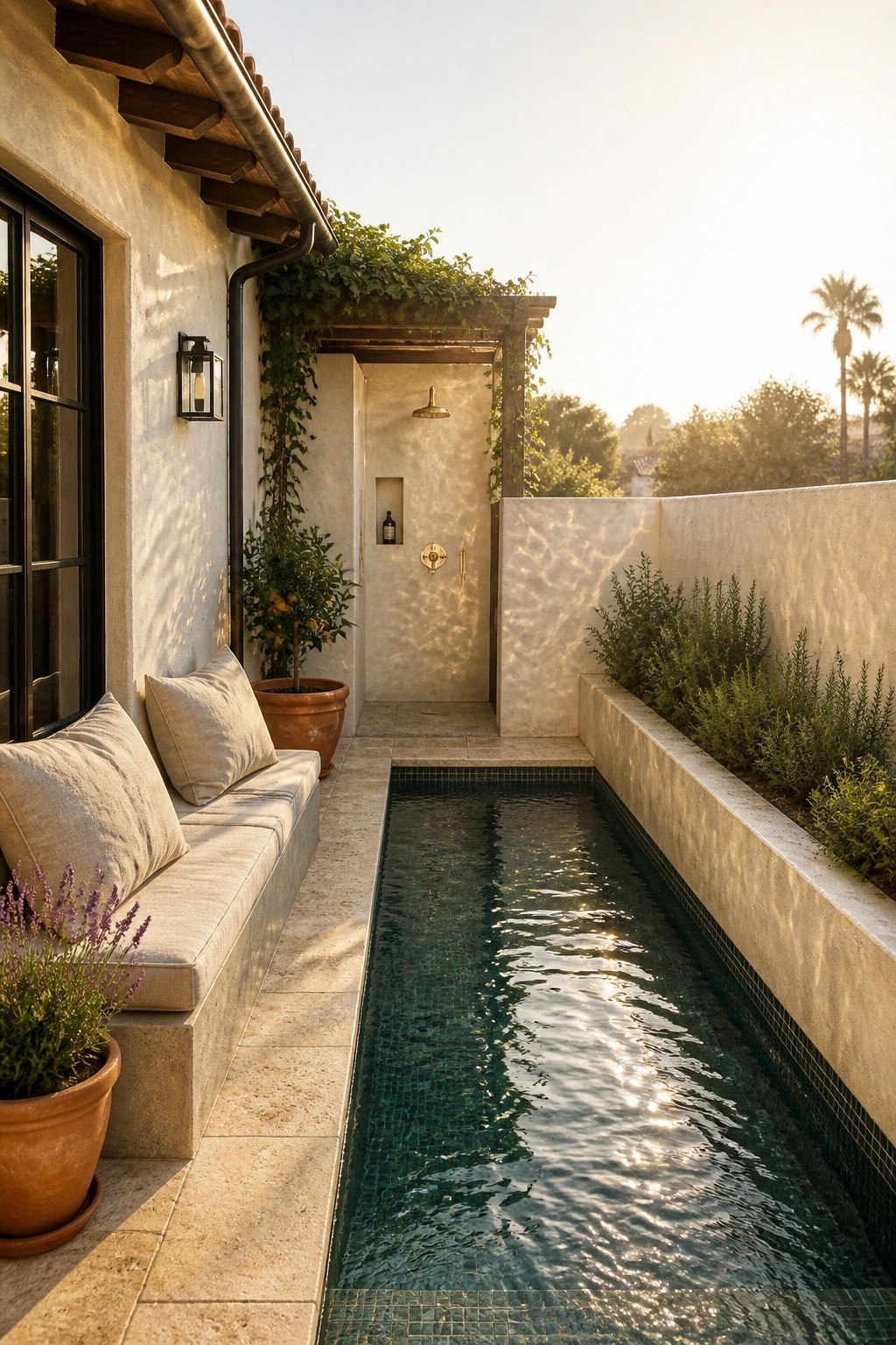 A narrow rectangular lap pool sits in a compact courtyard next to a built-in bench with cushions, an outdoor shower recessed in a stucco wall, and potted plants along the edge.