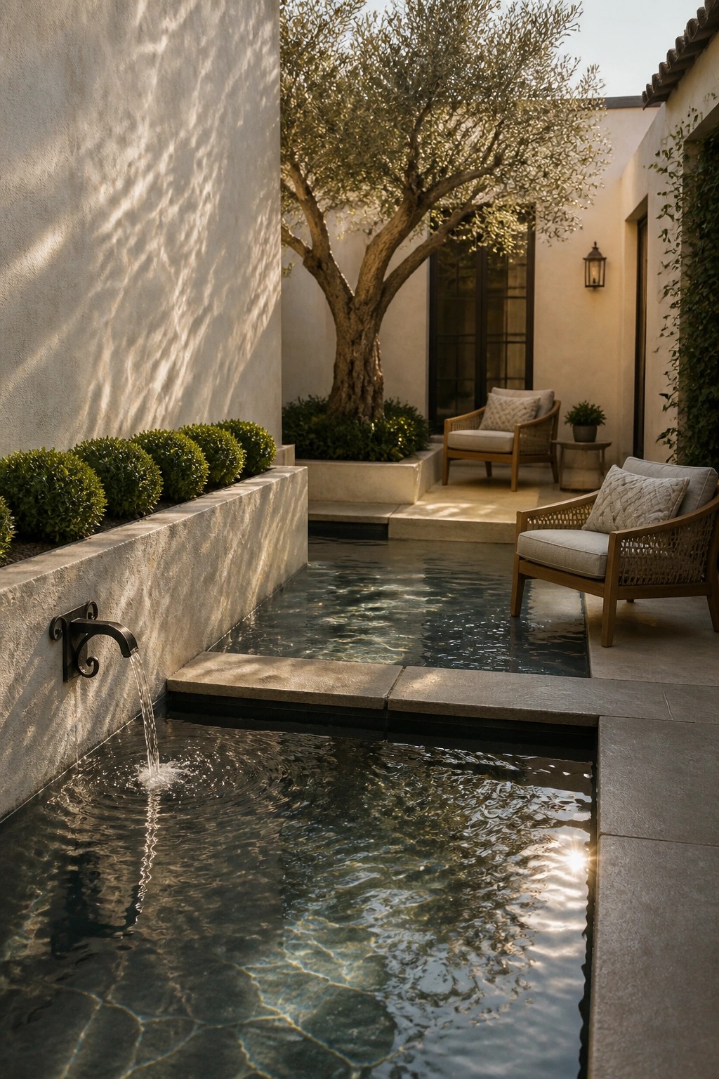 Stone courtyard pool with flowing faucet, olive tree, and wicker chairs in sunlight