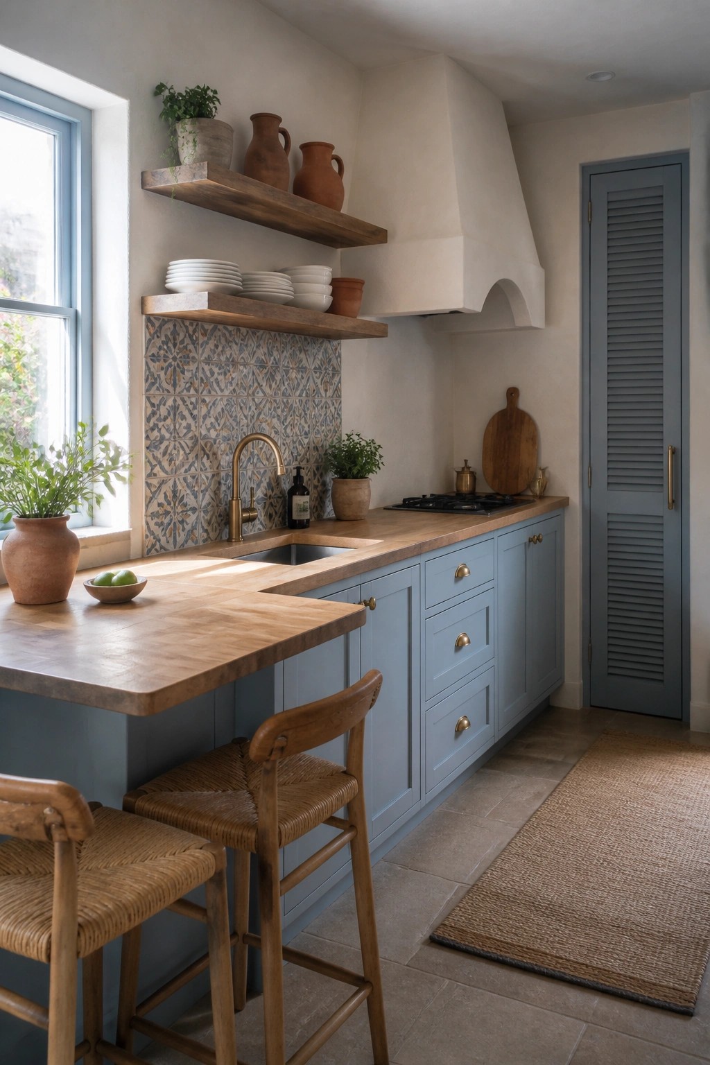 A compact kitchen with blue cabinets, wooden floating shelves holding white dishes and pottery, a brass faucet, and a terracotta tile backsplash next to a window.