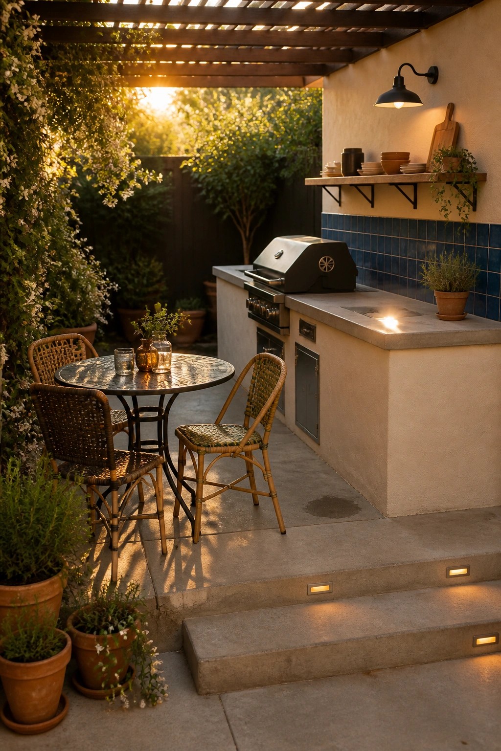 A compact outdoor patio with a built-in kitchen counter, grill, and blue tile backsplash under a wooden pergola, next to a round metal dining table with wicker chairs and potted plants on concrete steps.