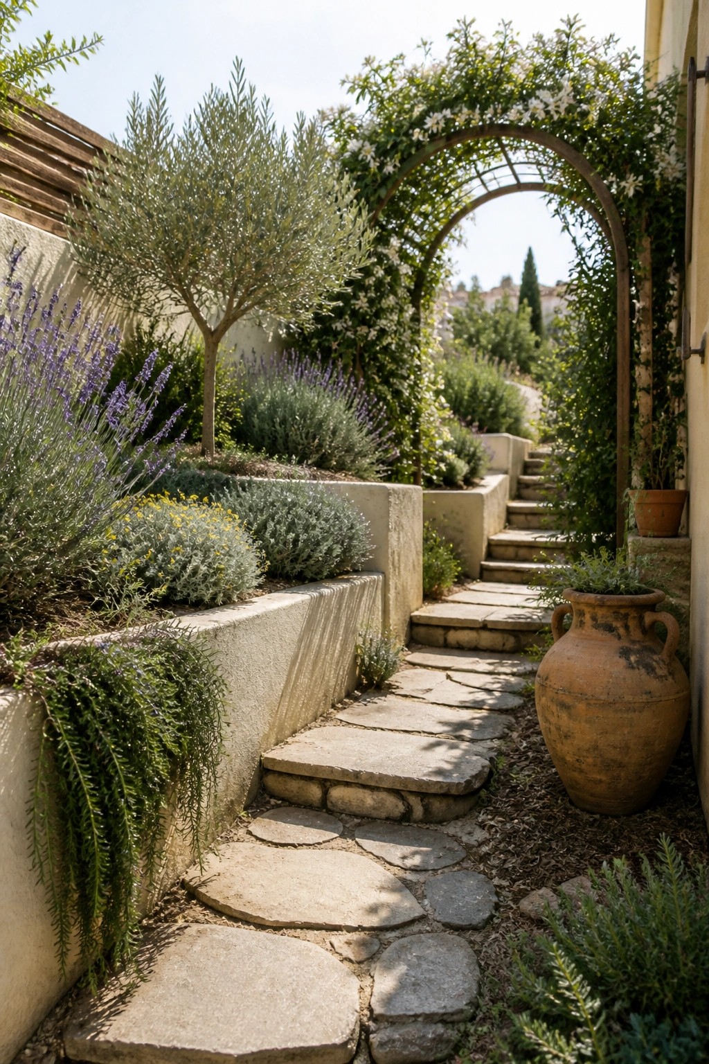 A narrow stone pathway bordered by raised concrete beds filled with lavender and other shrubs leads toward a vine-covered archway in a sunlit garden.
