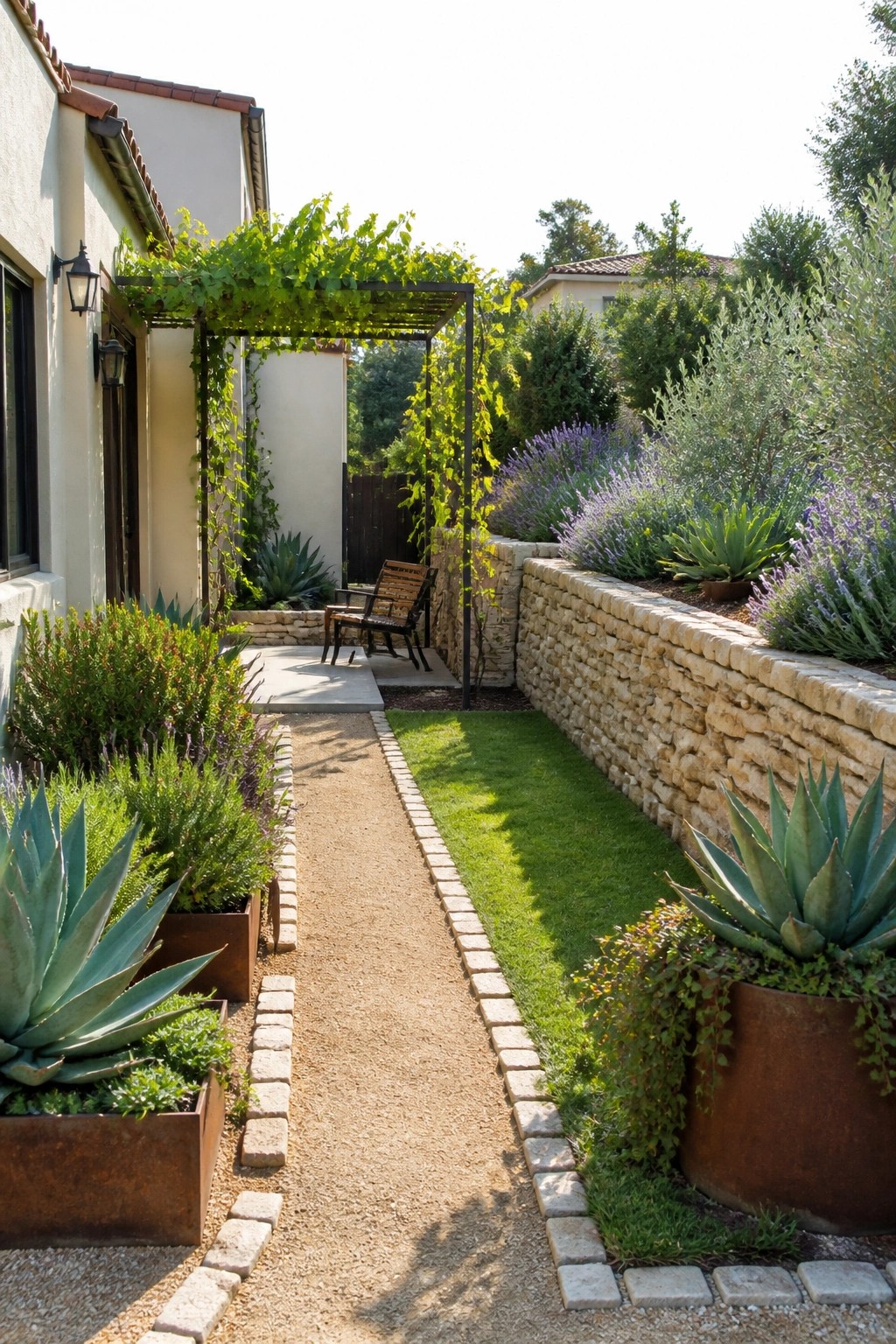Gravel path winds through sunny garden with stone walls, agaves, and vine pergola.