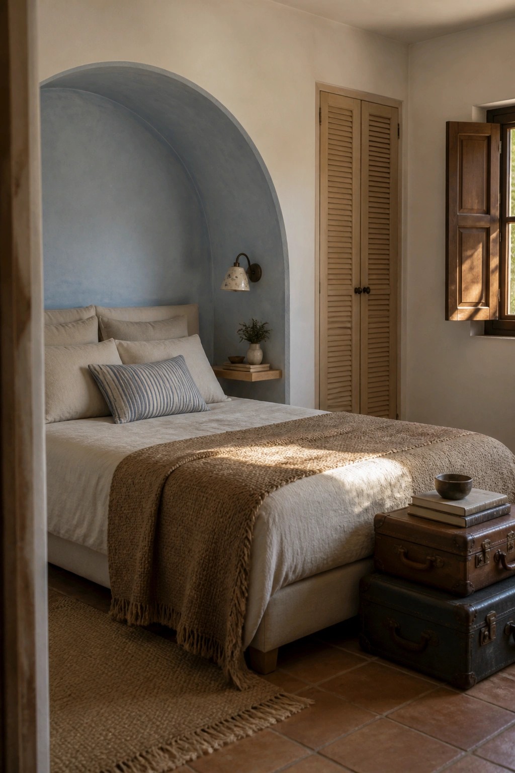 A bedroom featuring a bed set inside a large blue-plastered arched alcove, with neutral linens, a wooden door, and terracotta tile flooring.
