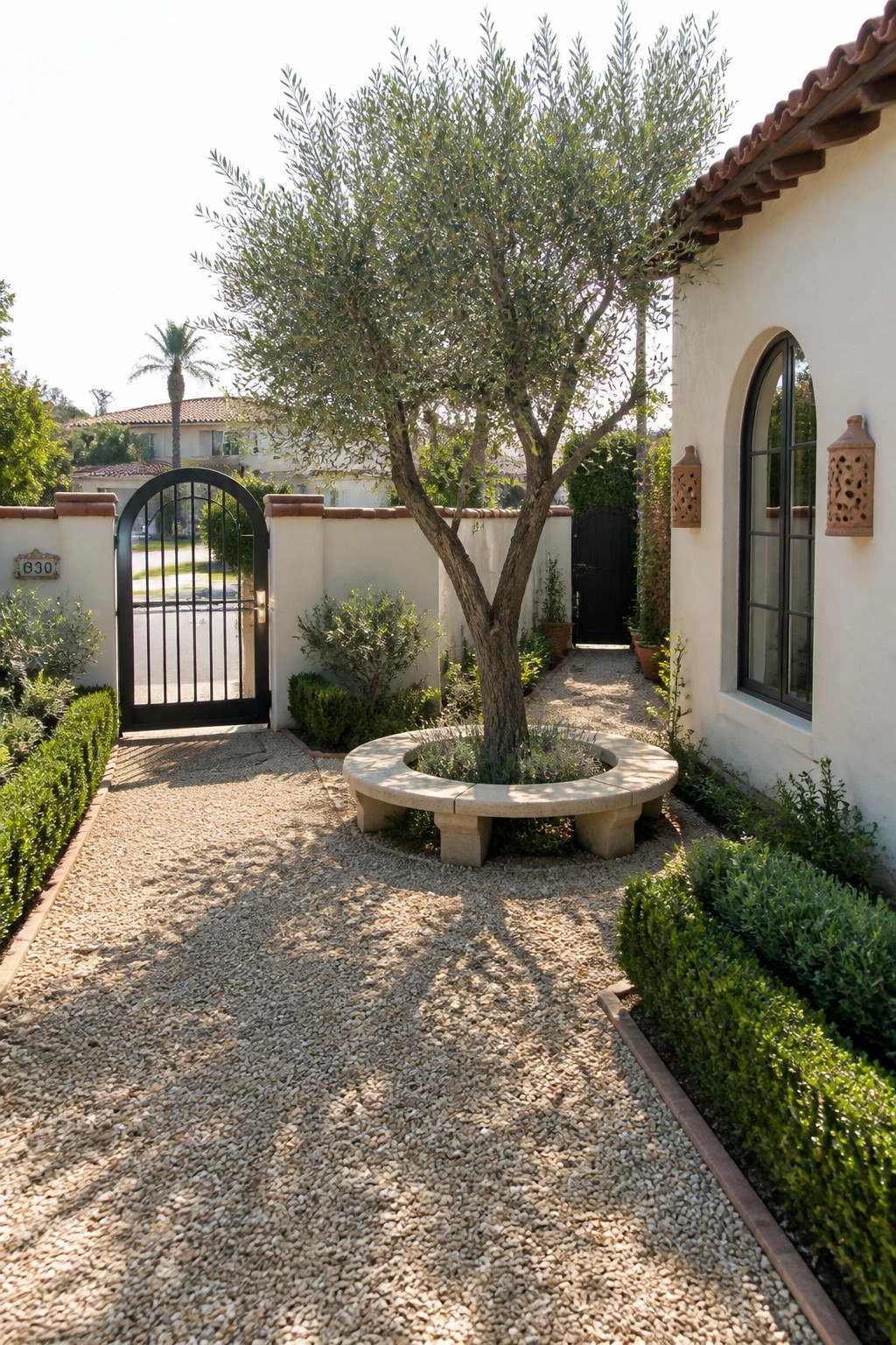 A gravel path leads to a white stucco house past a large tree encircled by a round stone bench, with an arched black gate on the left.