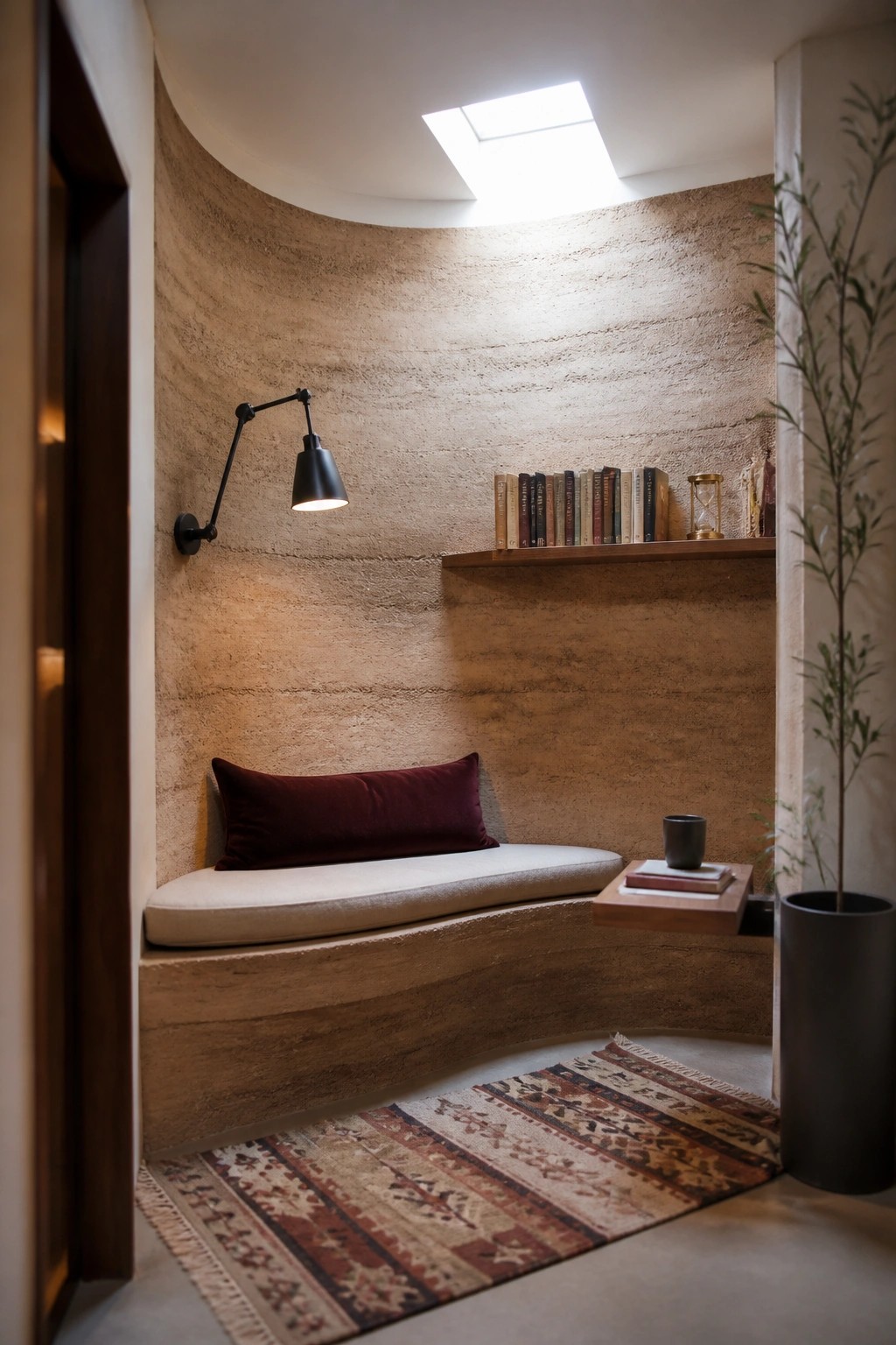 A curved rammed earth interior nook with a built-in bench, white cushion, red pillow, wall-mounted black lamp, wooden shelf with books, and patterned rug on the floor.