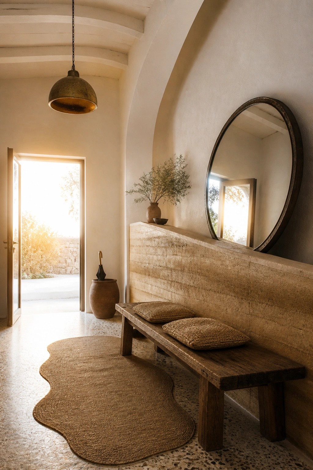 An interior view of a hallway with a rammed earth wall, a long wooden bench with woven cushions, a round mirror above the ledge, and a jute rug on a terrazzo floor.
