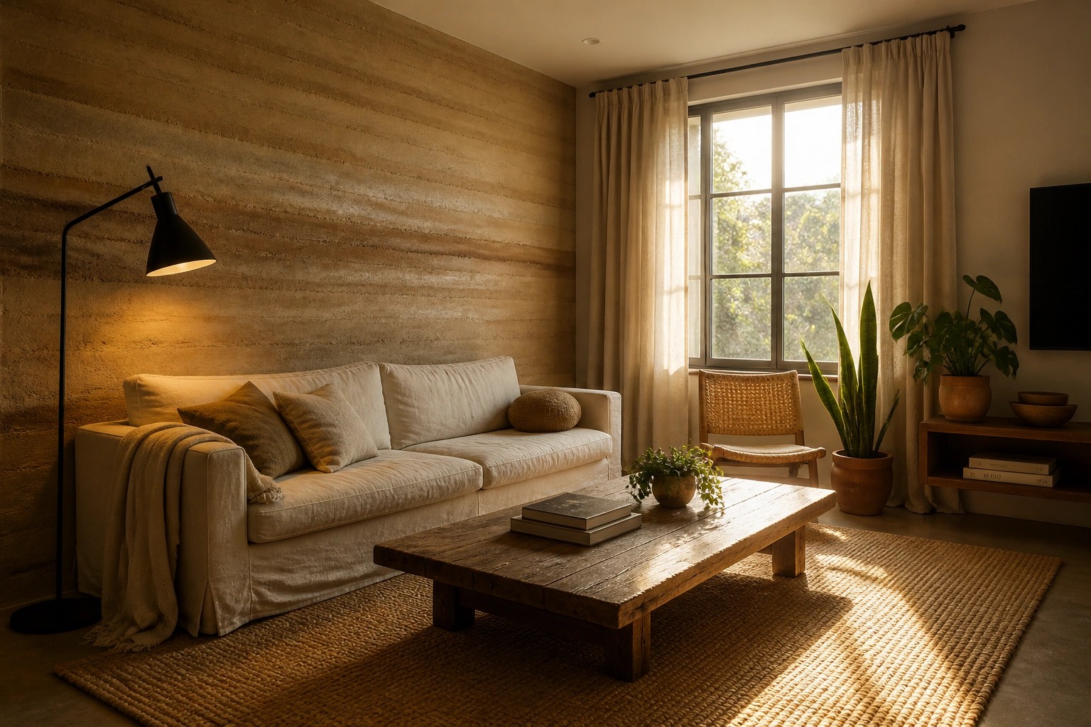 A living room featuring a large rammed earth accent wall behind a light-colored sofa, with a wooden coffee table on a woven rug and a window with sheer curtains to the right.