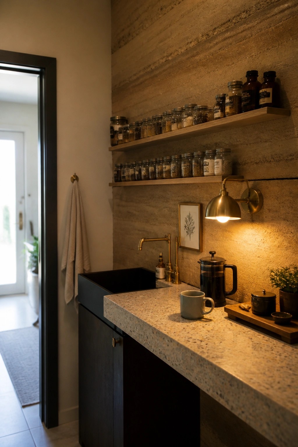 A kitchen area featuring rammed earth walls, wooden floating shelves with glass jars, a speckled stone countertop, black cabinetry, and a brass wall sconce.