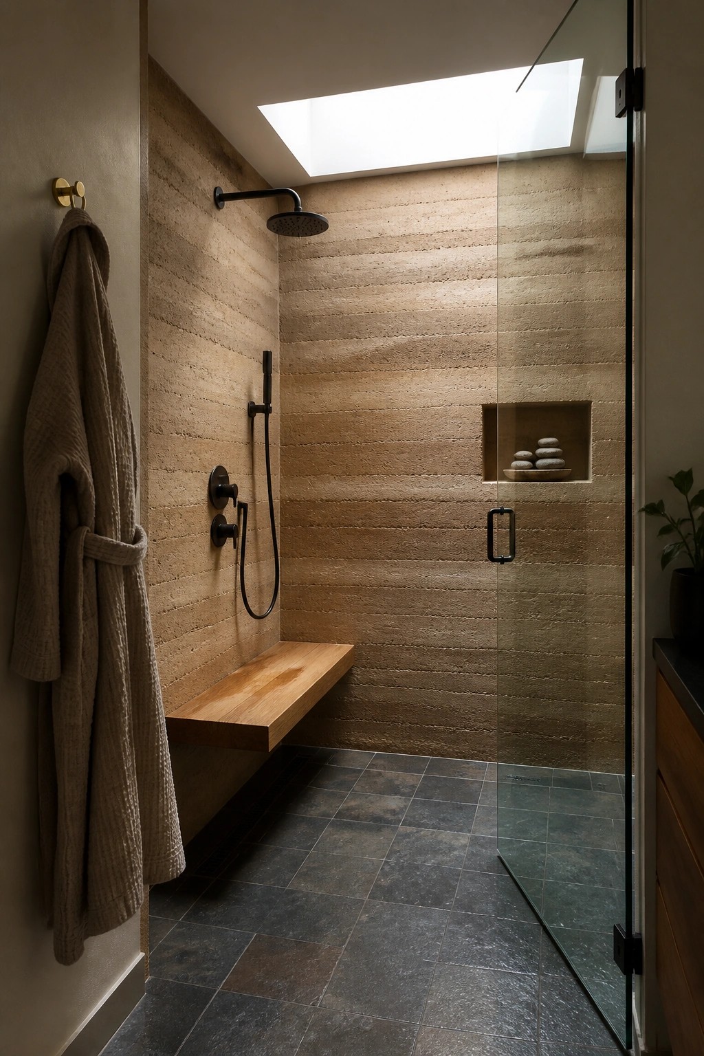 Interior view of a shower with rammed earth walls, a floating wooden bench, black fixtures, and a skylight overhead.