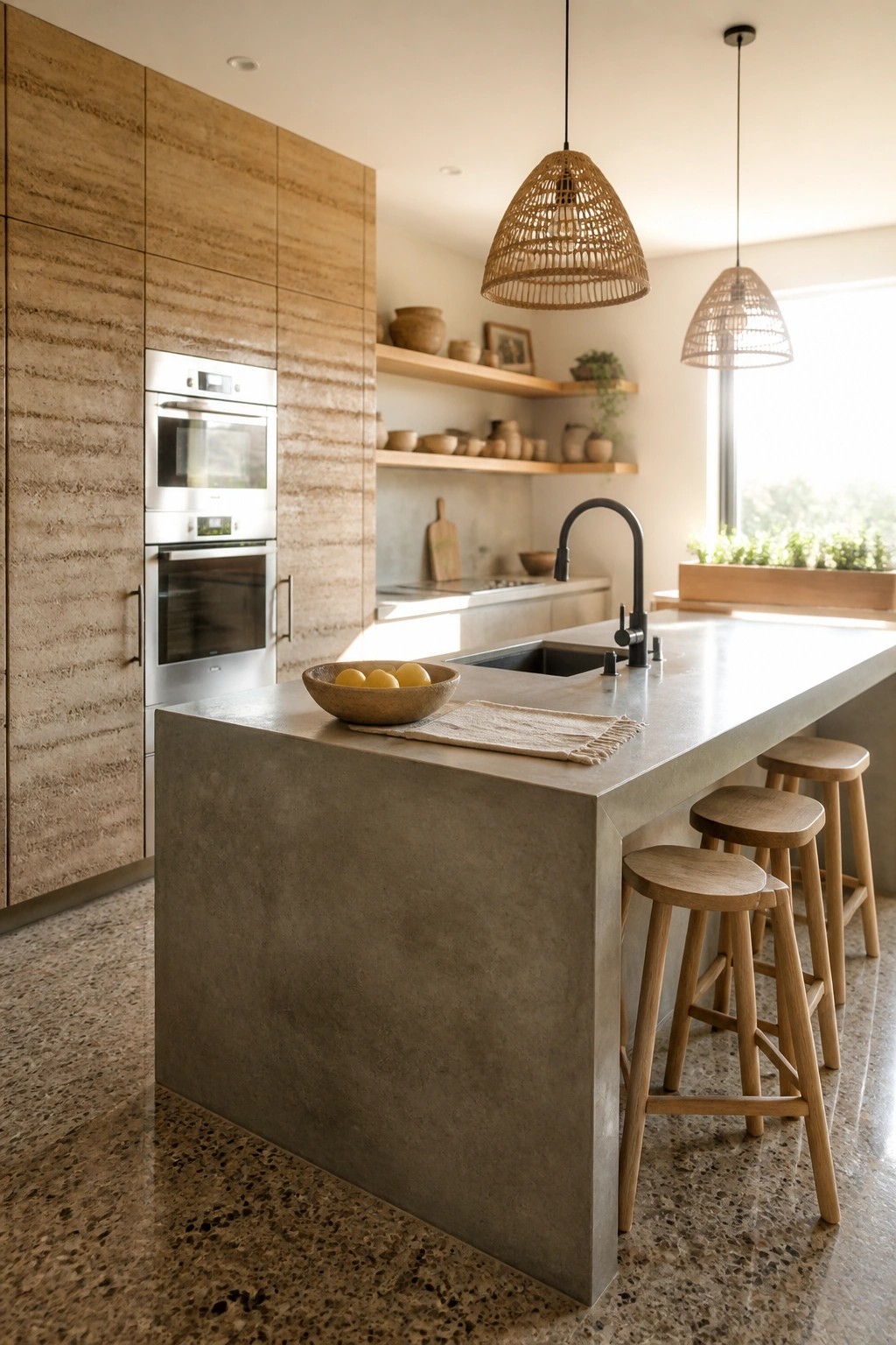 A modern kitchen with a large gray rammed earth island, black sink and faucet, wooden bar stools, and woven pendant lights.