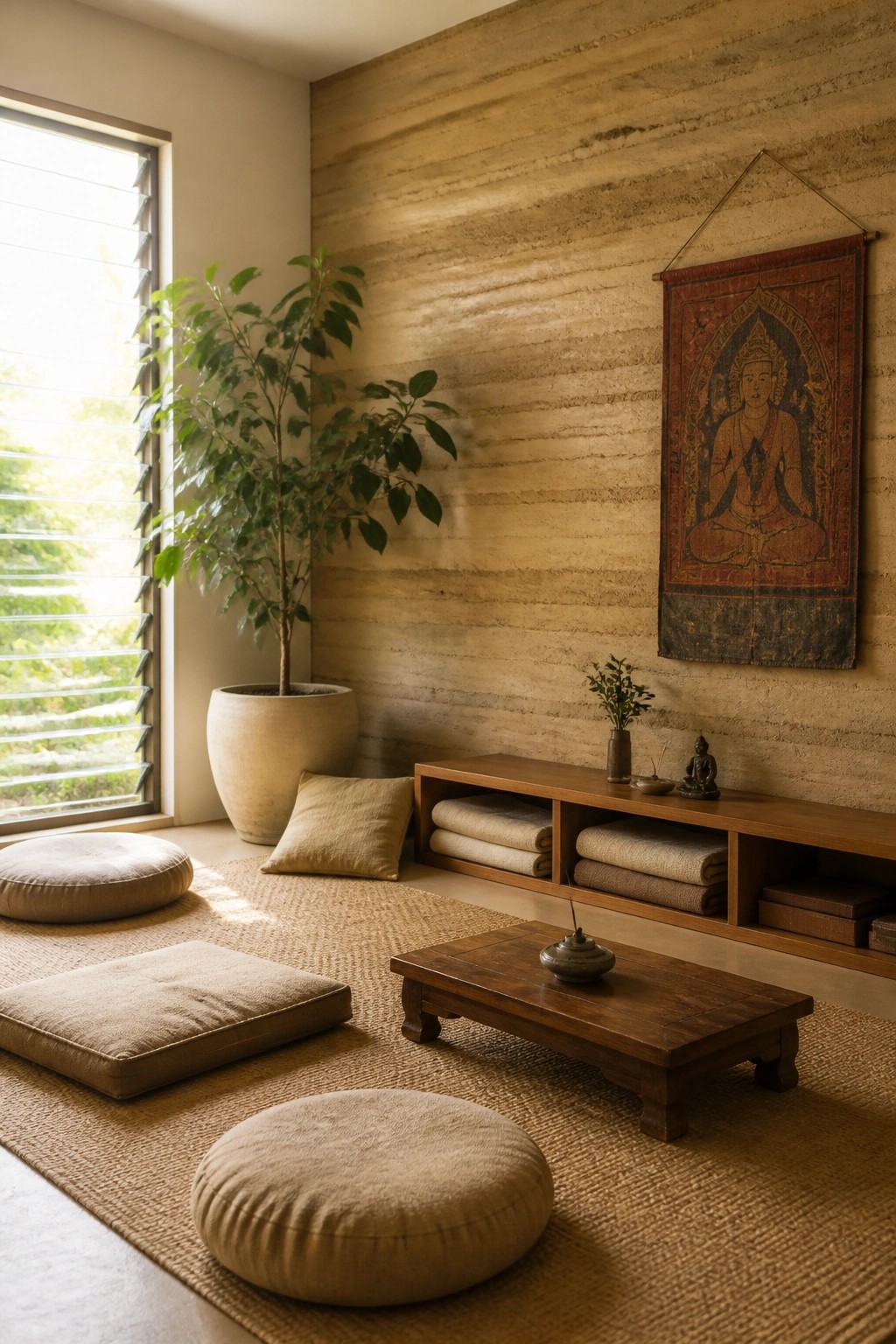 A meditation-style interior with textured rammed earth walls, a hanging tapestry, low wooden console with folded textiles, potted plants, and round floor cushions on a woven rug.