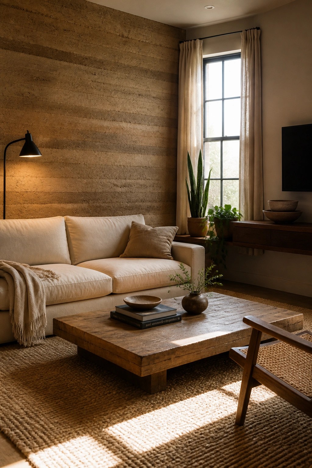 A living room featuring a large rammed earth accent wall behind a light-colored sofa, with a wooden coffee table on a woven rug and a window with sheer curtains to the right.