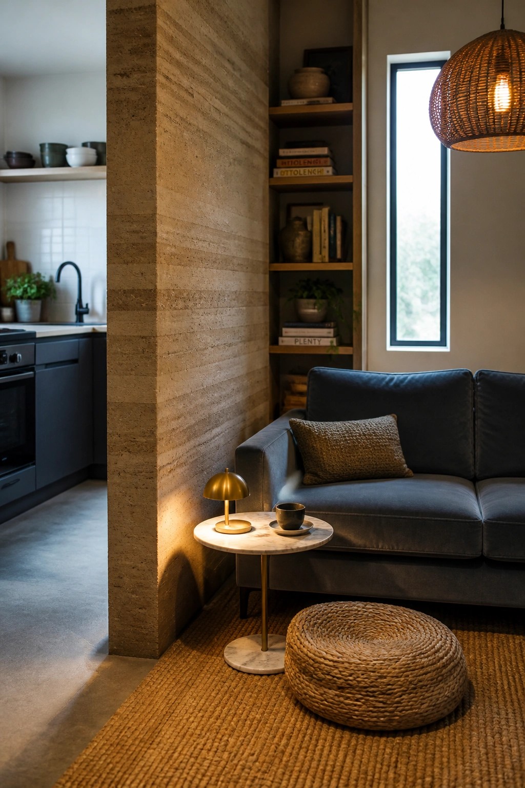 A living area featuring a tall rammed earth wall beside a dark blue sofa, marble side table, and woven floor pouf on a jute rug.
