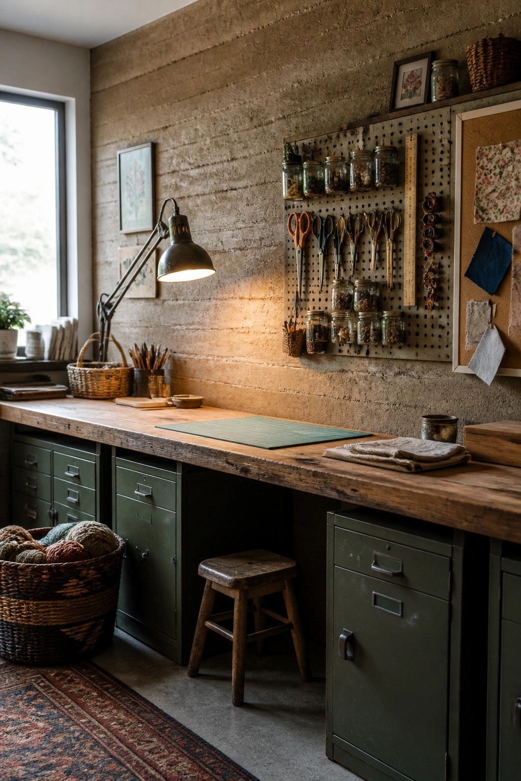 A long wooden workbench with green metal cabinets below sits against a textured rammed earth wall, with a pegboard holding tools and glass jars mounted above it and a wooden stool tucked underneath.
