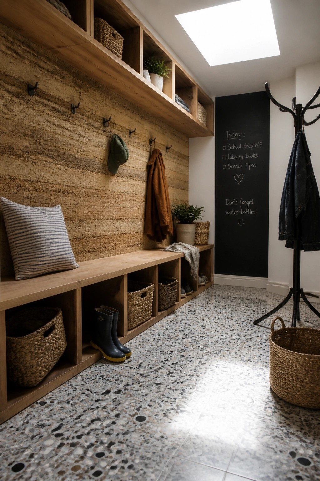 A mudroom featuring rammed earth walls, a long wooden storage bench with cubbies, black hooks holding a cap and jacket, woven baskets, and a black chalkboard with a coat rack nearby.