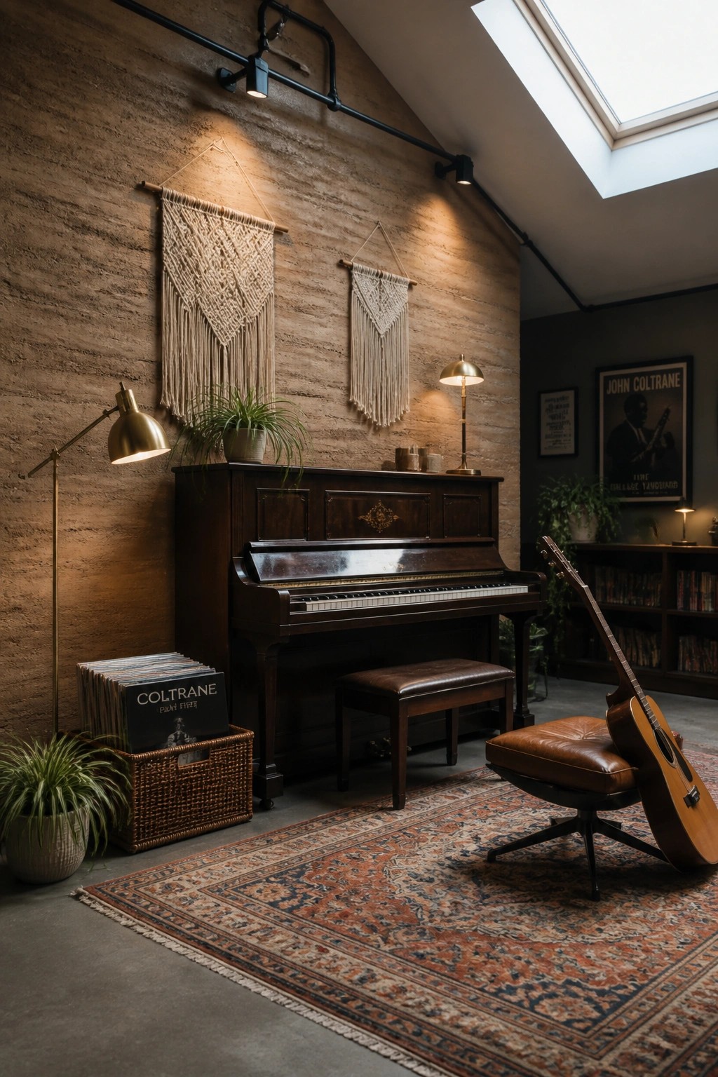 Interior room with rammed earth walls, a dark wood upright piano, macrame hangings, a guitar on a leather chair, vinyl records in a basket, and a large patterned rug.