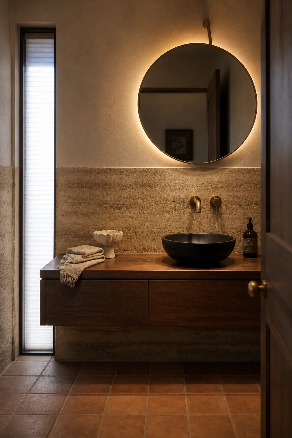 A bathroom vanity area featuring a textured rammed earth wall, dark wood floating vanity with black vessel sink, round backlit mirror, and terracotta tile floor.