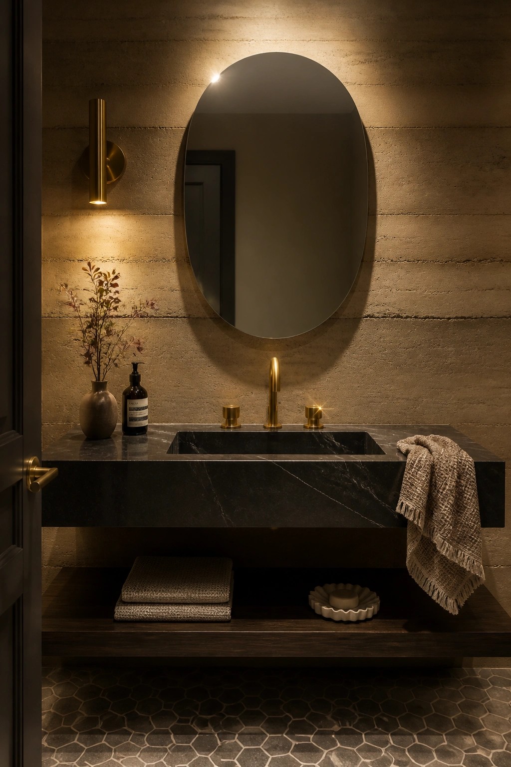 A bathroom with rammed earth walls, a floating dark marble vanity, brass faucet and fixtures, an oval mirror, and a towel on the counter.