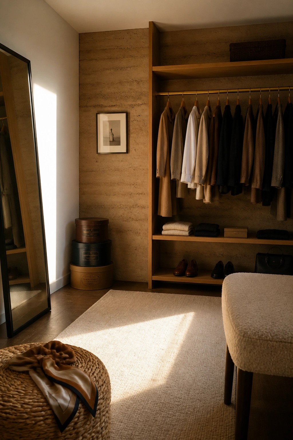 A walk-in closet with textured rammed earth walls, wooden open shelving holding folded clothes and shoes, a hanging rod with garments, and a full-length mirror on the left.