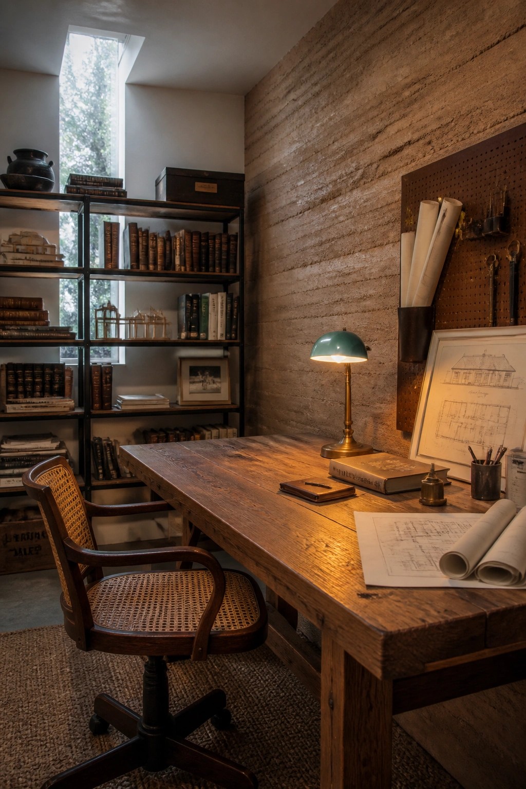 A home office with a large wooden desk, a woven chair, bookshelves, and a prominent textured rammed earth wall behind the desk.