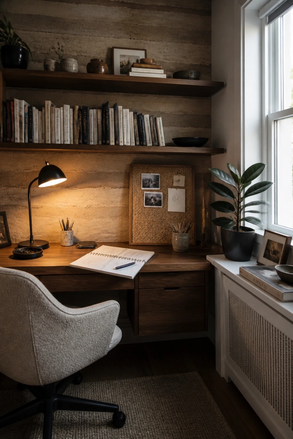 A home office desk with an open notebook and black lamp set against textured rammed earth walls with wooden floating shelves and a corkboard.