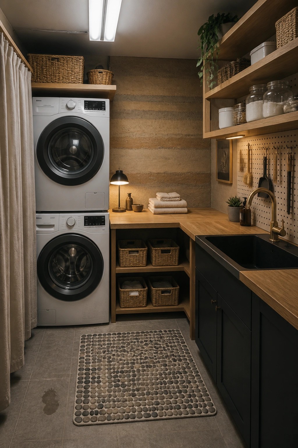 A laundry room with a rammed earth accent wall, stacked washing machines, wooden countertops and shelves, a black sink, and woven baskets on open shelving.