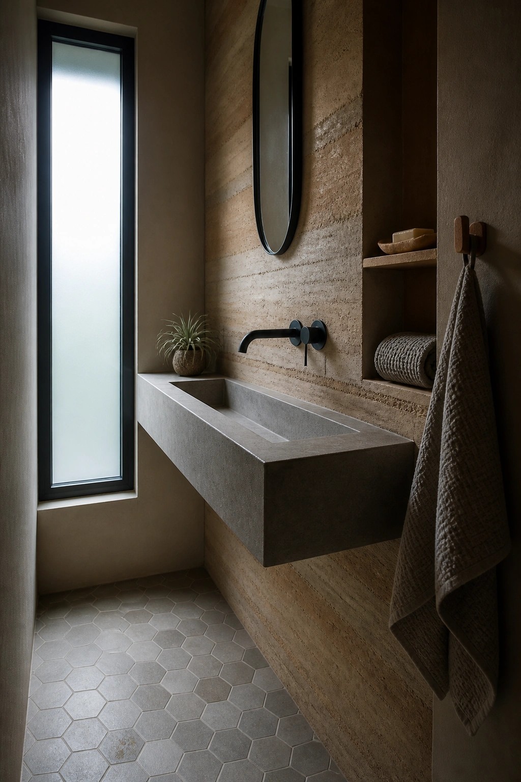 A bathroom with a floating concrete sink mounted on textured rammed earth walls, a tall narrow window on the left, and a towel hanging from a wooden hook on the right.