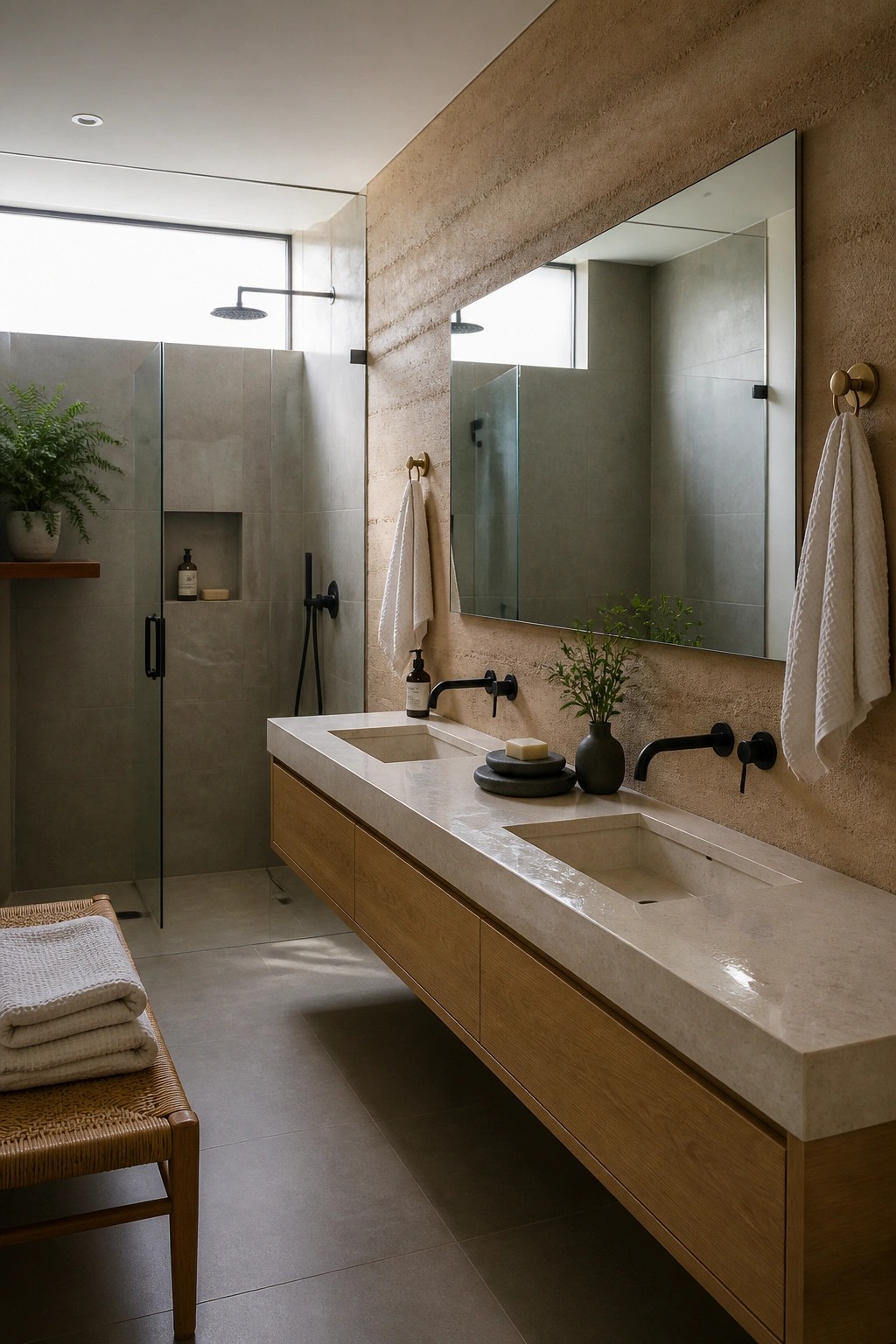 A bathroom interior featuring textured rammed earth walls, a long floating wood vanity with two integrated sinks, black fixtures, and a glass shower enclosure in the background.