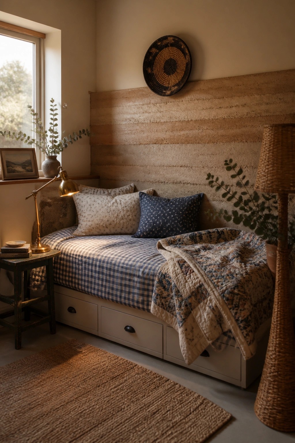 A bedroom with a daybed against a horizontal striped rammed earth wall, blue gingham bedding, patterned pillows, a brass lamp on a side table, and a woven rug on the floor.