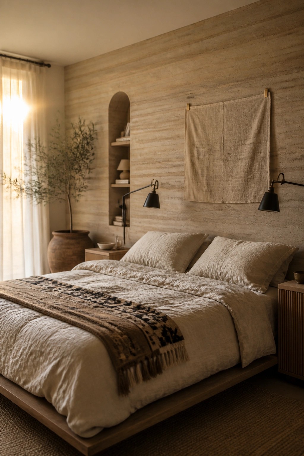 A bedroom with rammed earth walls, a low wooden bed with beige linen bedding, two black wall lamps, and a potted tree near a window with sheer curtains.