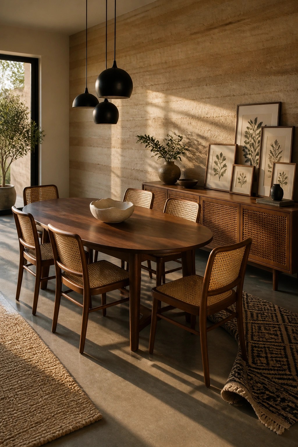 Modern dining room with oval wooden table, cane chairs, black pendants, and botanical art.