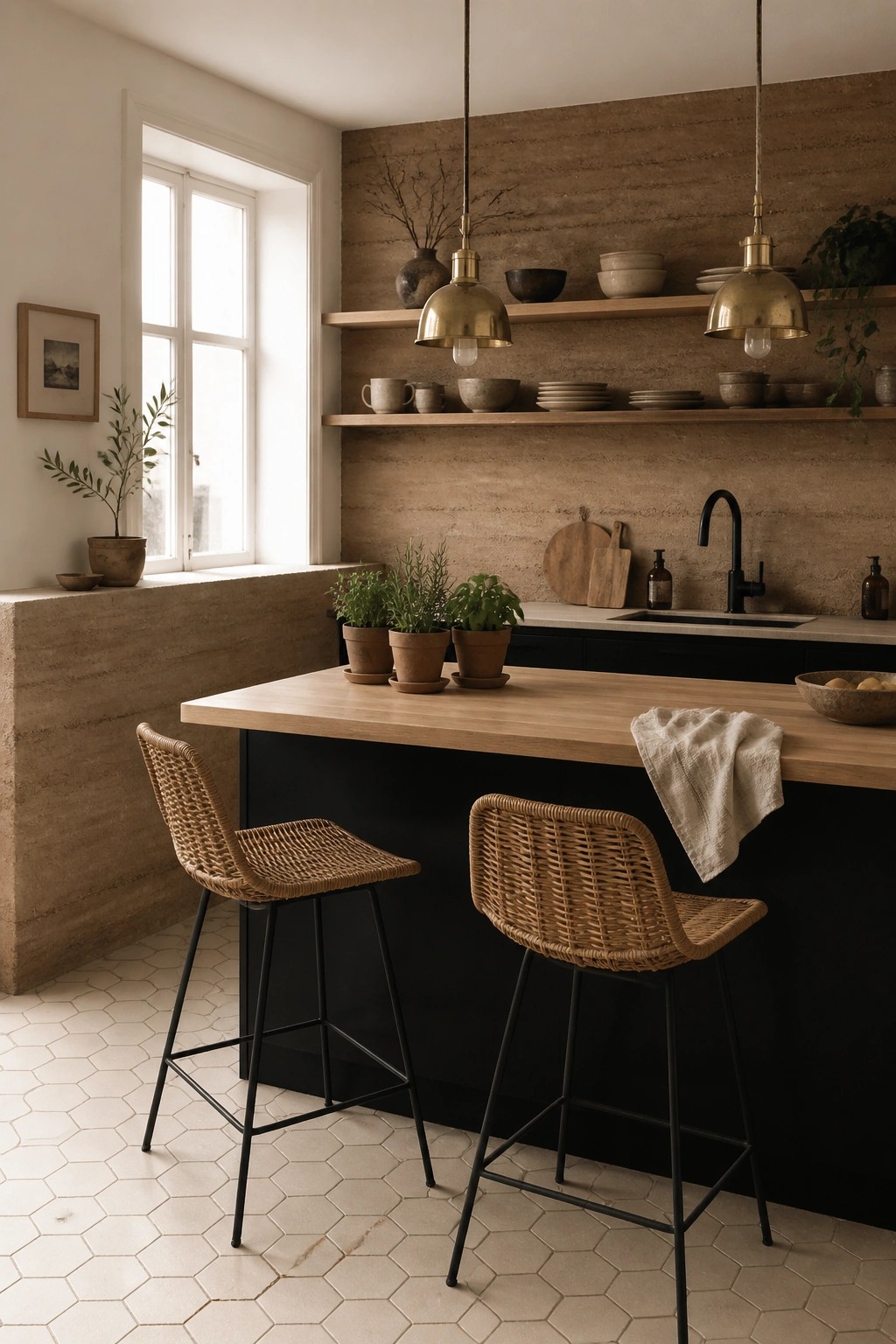 A kitchen interior with rammed earth walls, floating wooden shelves, a light wood island with two woven bar stools, brass pendant lights, and a black faucet over the sink.