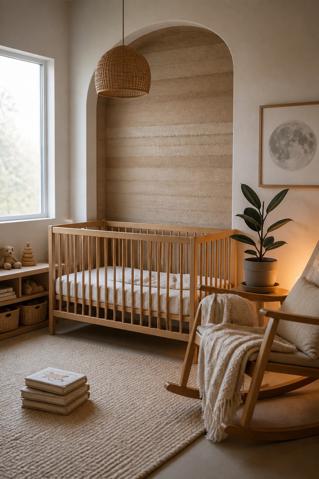 A light wood crib and rocking chair sit in front of a large textured rammed earth wall in a neutral nursery with a woven pendant light overhead.