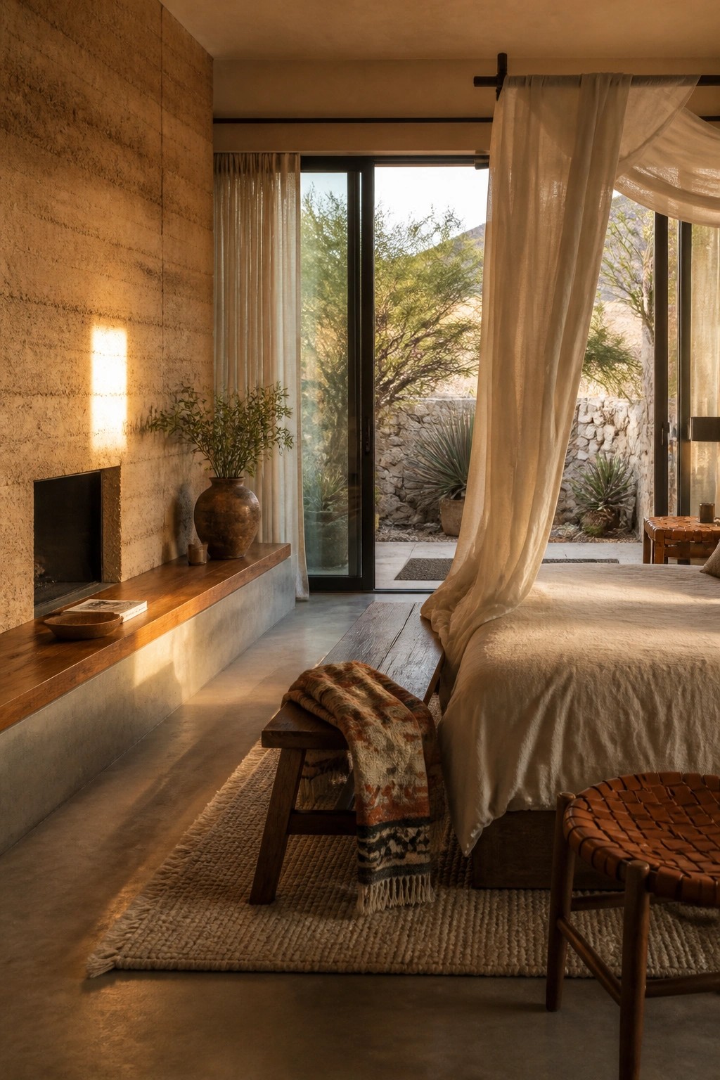 A bedroom with a rammed earth wall featuring a recessed fireplace and a long wooden ledge, positioned next to a bed with white bedding and sheer curtains over glass doors.