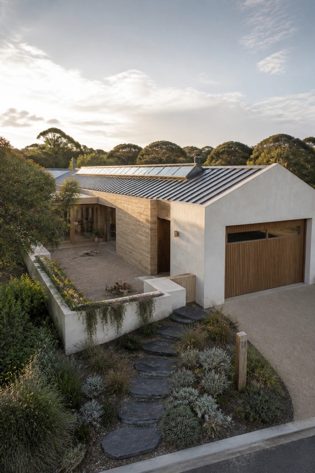 A contemporary single-story house with rammed earth walls, a metal roof with skylights, a wooden garage door, and a gravel driveway with a stone path leading to the entrance.